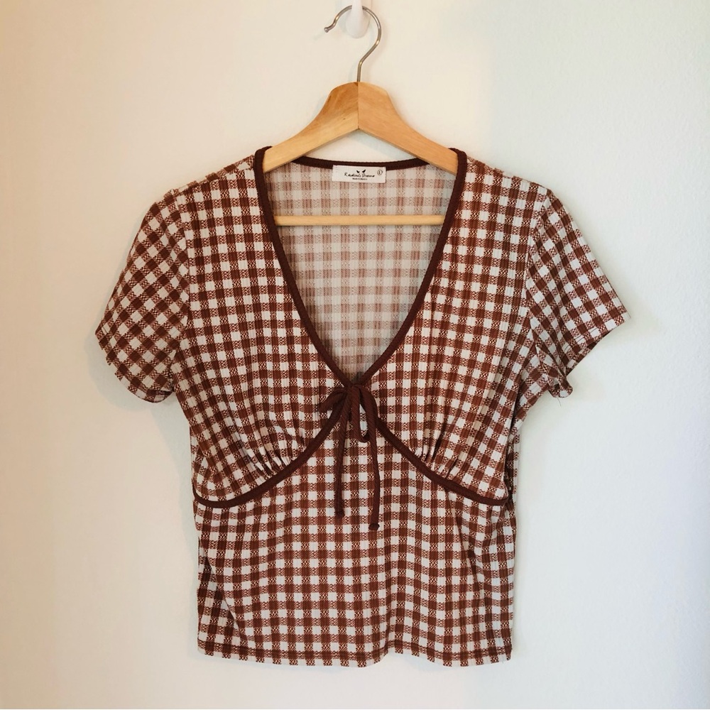 Brown Gingham Tie-Front Crop Top - Women